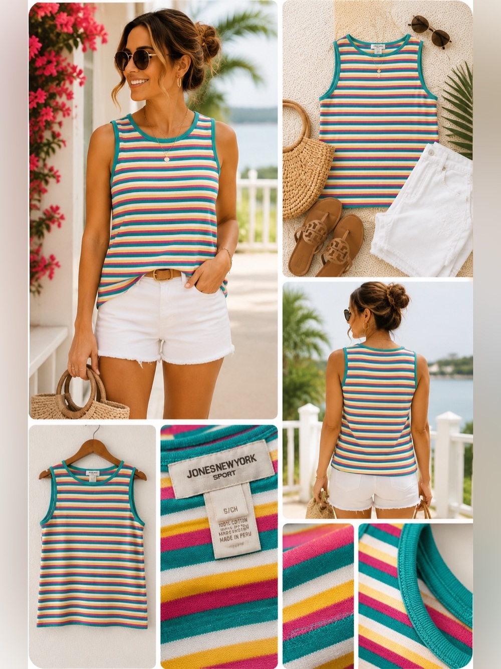 Vtg Jones New York Sport Striped Tank Top Small Colorful Cotton Sleeveless Y2K